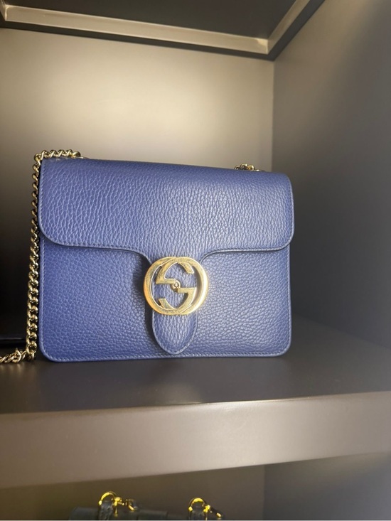 Gucci Handbags - Gucci Blue Pebbled Leather Chain Crossbody with Gold GG